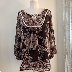 Boho Floral Women's Peasant Top - Brown Size XL